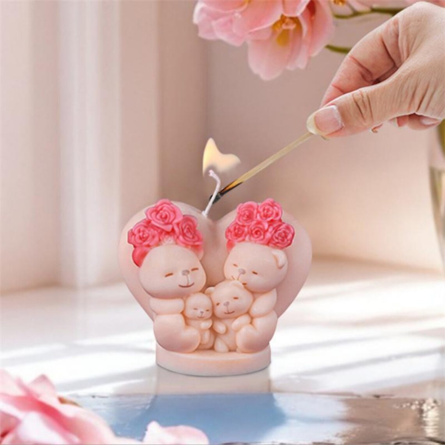 Silicon Mold Candle Teddy Bears Family With Heart