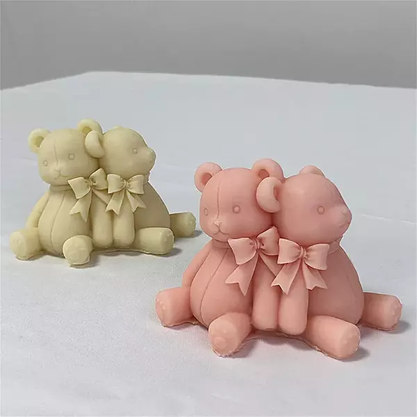 Silicon Mold Candle Valentine Couple Teddy Bear With Ribbon