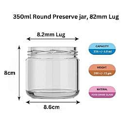 350ml Round Salsa Jar+ 82mm GOLD Lug Cap (72pc BOX)